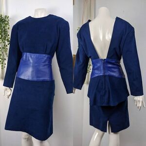 Vintage 80s dress faux suede blue dress open back pencil skirt - s/m